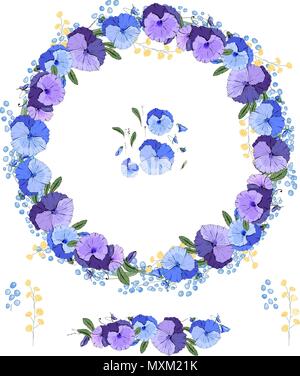 Round garland with spring flowers viola. Decorative season floral frame for festive design Stock Vector