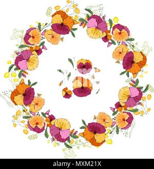 Round garland with spring flowers viola. Decorative season floral frame for festive design Stock Vector