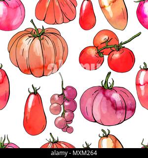 Seamless pattern with various sorts of tomato. Endless texture with watercolor effect. Stock Vector