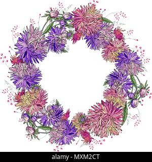 Round floral frame made of different asters. Round garland with space for your text for season design Stock Vector