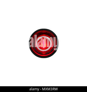 Round red power (on and off) button or switch with retro illumination glowing macro photography and isolated on a seamless white background. Stock Photo
