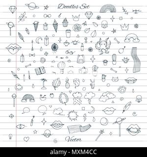 Vector set of random doodles with clouds, rainbows, lips, cats, cactus, plants and more. Hand drawn outline  on the lined notebook background. Stock Vector