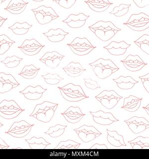 Hand drawn vector seamless pattern with woman lips of different shapes outline showing smile, teeth and tongue on the black background. Mouth line art Stock Vector