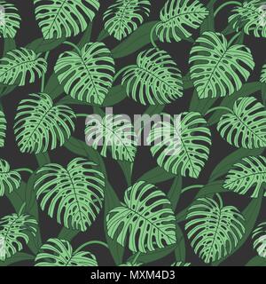 Vector tropical seamless pattern with monstera leaves on the dark background. Jungle print design in green  colors. Stock Vector