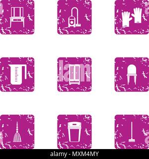 Room cleaning icons set, grunge style Stock Vector