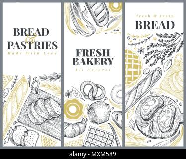 Bakery top view design templates. Hand drawn vector illustration with bread and pastry. Retro illustrations set. Can be use for menu, packaging. Stock Vector
