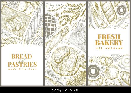 Bakery top view design templates. Hand drawn vector illustration with bread and pastry. Retro illustrations set. Can be use for menu, packaging. Stock Vector