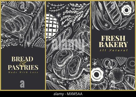 Bakery top view design templates. Hand drawn vector illustration with bread and pastry on chalk board. Retro illustrations set. Can be use for menu, packaging. Stock Vector