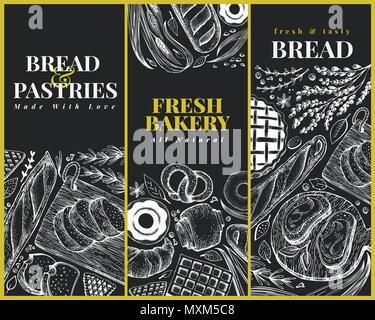 Bakery top view design templates. Hand drawn vector illustration with bread and pastry on chalk board. Retro illustrations set. Can be use for menu, packaging. Stock Vector