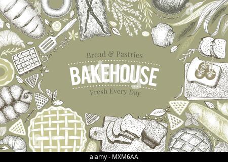 Bakery top view frame. Hand drawn vector illustration with bread and ...