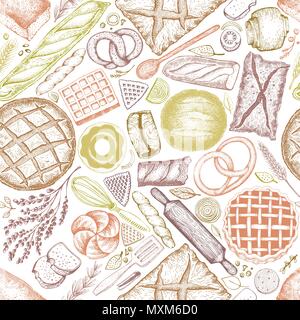 Bakery top view background. Hand drawn vector seamless pattern with bread and pastry. Retro illustration. Can be use for menu, packaging. Stock Vector