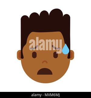 african boy head emoji personage icon with facial emotions, avatar character, man crying face with different male emotions concept. flat design. Stock Vector