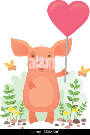 Cute pig holding heart Stock Vector