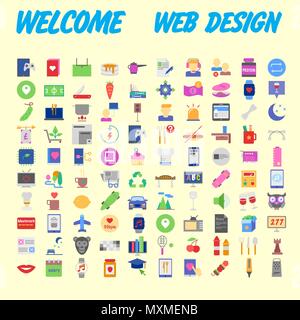 Set of 100 flat web icons on following themes - SEO and development, creative process, business and finance, office and business, security and protect Stock Vector