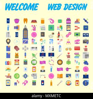 Set of 100 flat web icons on following themes - SEO and development, creative process, business and finance, office and business, security and protect Stock Vector