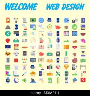 Set of 100 flat web icons on following themes - SEO and development, creative process, business and finance, office and business, security and protect Stock Vector
