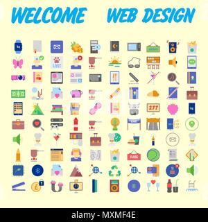 Set of 100 flat web icons on following themes - SEO and development, creative process, business and finance, office and business, security and protect Stock Vector