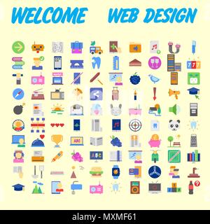 Set of 100 flat web icons on following themes - SEO and development, creative process, business and finance, office and business, security and protect Stock Vector