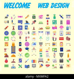 Set of 100 flat web icons on following themes - SEO and development, creative process, business and finance, office and business, security and protect Stock Vector
