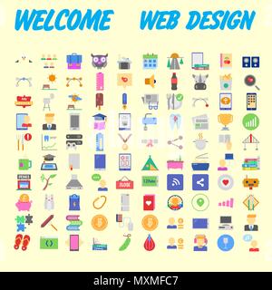 Set of 100 flat web icons on following themes - SEO and development, creative process, business and finance, office and business, security and protect Stock Vector
