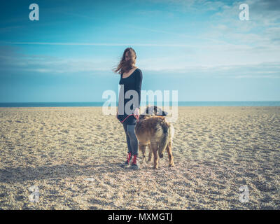 A young woman is on the beach in the autumn with her giant Leonberger dog Stock Photo