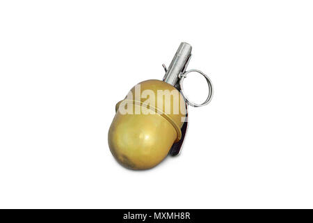 Dummy, plastic grenade, isolated on white. Hand grenade RGD-5 on asphalt. abandoned lost pomegranate green on the pavement. fragmentation grenade. Stock Photo