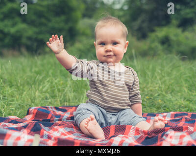 A cute little baby in nature is sitting on a picnic blanket and is waving Stock Photo