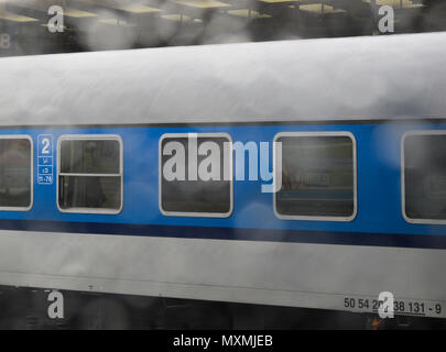 view of a train through a window in a rainy day, Czech Republic Stock Photo