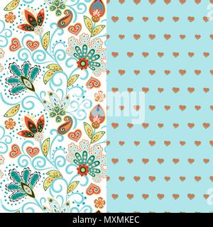 Set of two horizontal seamless floral pattern with paisley and fantasy flowers border. Hand drawn texture for clothes, bedclothes, fabric of the dress etc. Blue Stock Vector