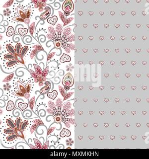 Set of two horizontal seamless floral pattern with paisley and fantasy