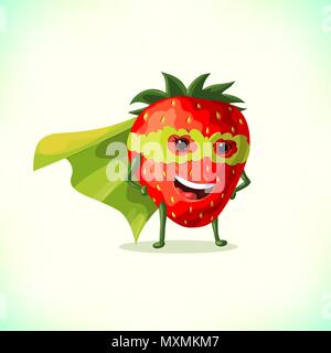 Cartoon superhero strawberry in green cape and green mask. Funny fruit and vegetable super hero. Vector illustration on white background Stock Vector