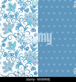 Set of two horizontal seamless floral pattern with paisley and fantasy flowers border. Hand drawn texture for clothes, bedclothes, fabric of the dress etc. Blue Stock Vector
