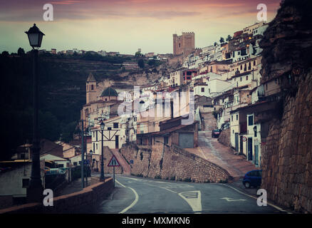 Twilight view of  Alcala del Jucar - town in province of Albacete. Castile-La Mancha, Spain Stock Photo