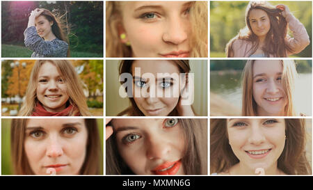 A collage of nine young beautiful girls of Russian Slavic appearance. Stock Photo