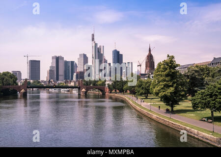 Modern architecture and city skyline seen along the banks of river Main, Frankfurt am Main, Hesse, Darmstadt, Germany Stock Photo