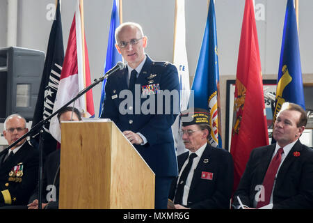 Col. Ryan Samuelson, 92nd Air Refueling Wing commander, speaks during a Veterans Day event Nov. 11, 2016 at Felts Field Honor Point Museum, Spokane. The event was to honor all veterans and included speeches from the Honorable David Condon, Mayor of Spokane, and the keynote speaker Rear Adm. Doug Asbjornsen, U.S. Naval Air Reserve. This was the first year the event was held at the new Honor Point Museum and had more than 600 people in attendance. (U.S.   Air Force photo/Airman 1st Class Taylor Shelton) Stock Photo