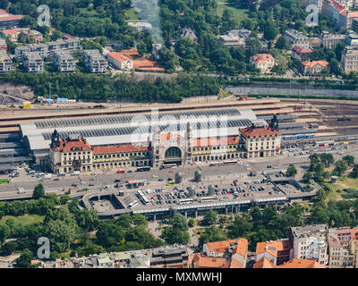 Aerial view on Prague Main Railway Station, Hlavni Nadrazi, main biggest and busiest train station opened in 1871 in Prague, Czech Republic. View from Stock Photo