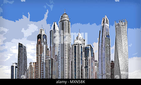 Illustration of a City with lots of high skyscrapers and other tall buildings. During summer with partially cloudy clear sky. Stock Photo
