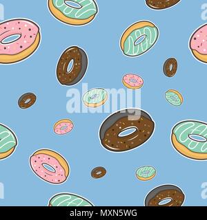 vector seamless pattern with colorful donuts difference size with glaze and sprinkles on blue background for decorate coffee shop or bakery shop. Stock Vector