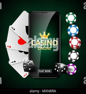 Online Internet casino marketing banner. phone app with dice, poker chips and playing cards. Playing Web poker and gambling casino games. Vector illustration Stock Vector