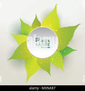 Green leaves nature concept with label circle white color. You can use for design print, brochure, poster, banner, website. Vector illustration Stock Vector