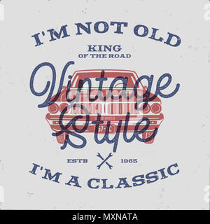 70 Birthday Anniversary Gift T-Shirt. I m not Old I m a Classic, King of the Road words with classic car. Born in 1948. Distressed retro style poster, tee. Stock isolated on vintage Stock Photo