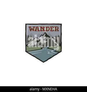 Mountain vintage badge. Mountain explorer label. Outdoor adventure logo design with mountains and wander sign. Travel and hipster insignia. Wilderness, forest camping emblem. Stock  Stock Photo