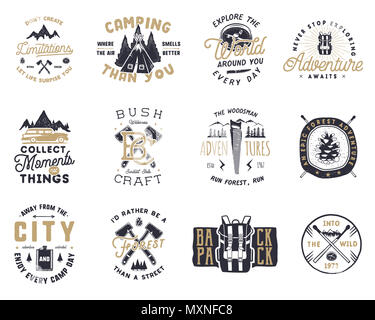 Travel badges, outdoor activity logo collection. Scout camps emblems.  Vintage hand drawn travel badge design. Stock illustration, insignias,  rustic patches. Isolated on white background Stock Photo - Alamy