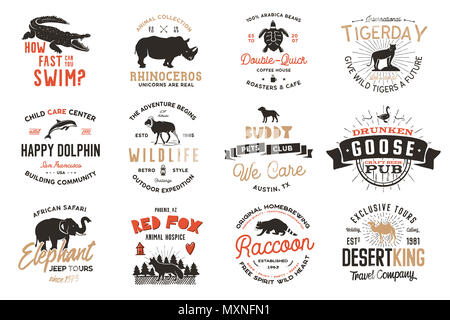 Wild animal Badges set and great outdoors activity insignias. Retro illustration of animal badges. Typographic camping style. wild Animal logos with letterpress effect. Explorer quotes Stock Photo