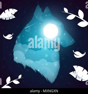 Paper wolf, dog illustration. Nightlandscape. Stock Vector