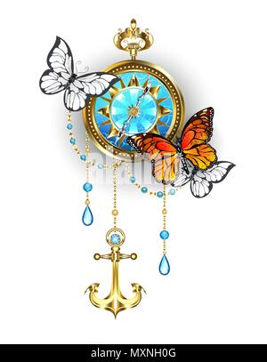 Antique compass decorated with gold chains and anchor, with white and orange butterflies. Stock Vector