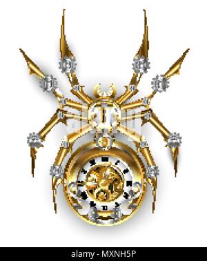 Mechanical spider made of gold and steel with an antique clock adorned with gears on white background. Stock Vector