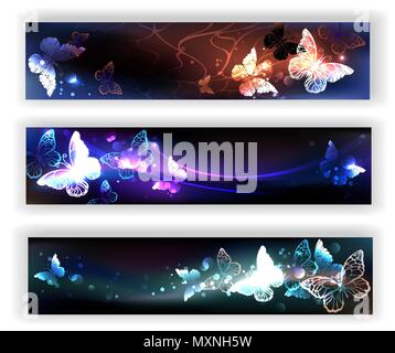 Three rectangular banners with night, glowing, magical butterflies on black background. Stock Vector
