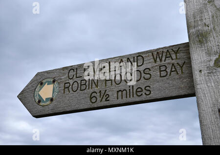 A Cleveland Way footpath sign at Whitby on the North Yorkshire moors national park Stock Photo